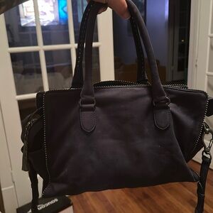 Diane Von Furstenberg Navy Blue Leather Satchel With Crossbody Strap